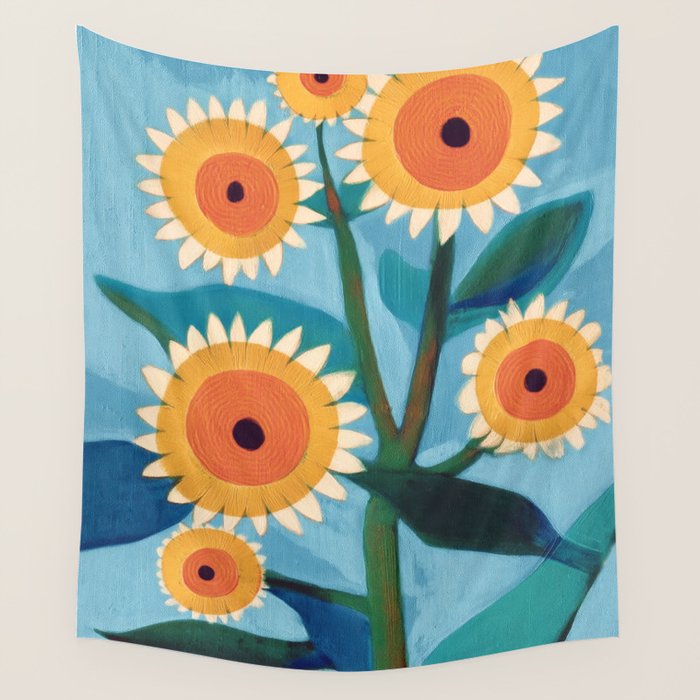 Sunflower Study in Sunny Yellow and Burnt Orange Wall Tapestry Gallery Image 4