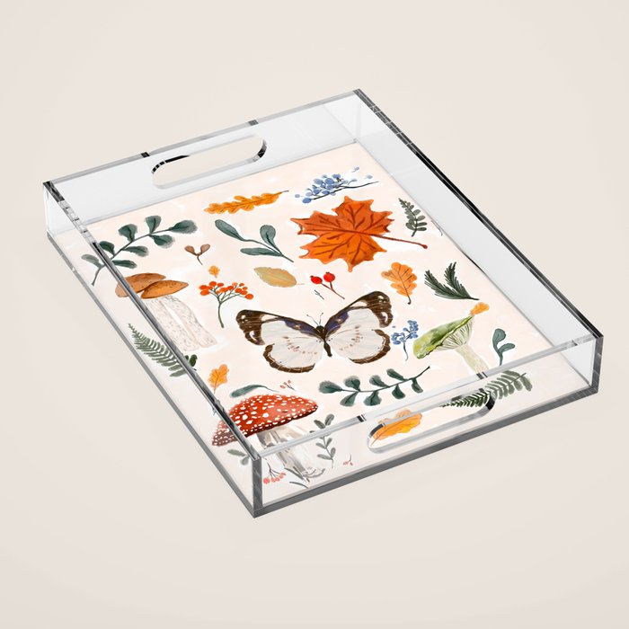Whimsical Autumn Butterfly with Mushrooms and Leaves Acrylic Tray Gallery Image 1