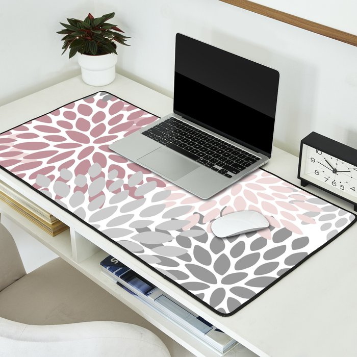 Floral Pattern, Pink, Gray and White Desk Mat Gallery Image 2