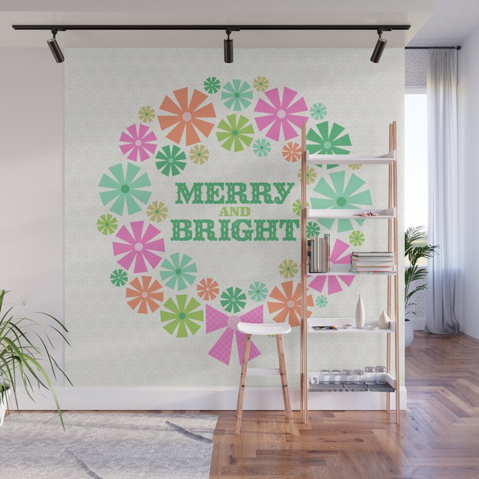 Merry and Bright Christmas Wreath Wall Mural Gallery Image 1