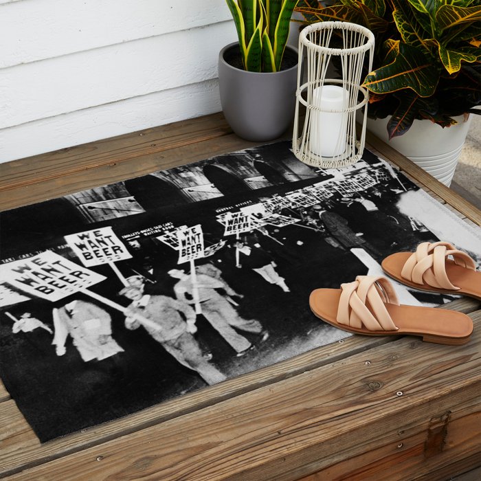 We Want Beer!  Men Protesting Against Prohibition black and white photography - photograph Outdoor Rug Gallery Image 2