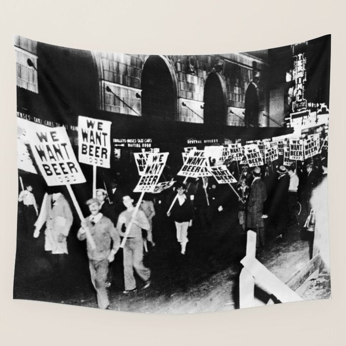 We Want Beer!  Men Protesting Against Prohibition black and white photography - photograph Wall Tapestry Gallery Image 4