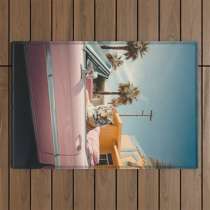 Cool Tiger in a pastel Cabrio in Palm Springs Outdoor Rug Gallery Image 1