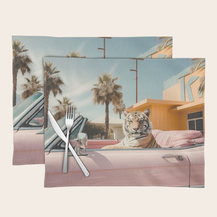 Cool Tiger in a pastel Cabrio in Palm Springs Placemat Gallery Image 1