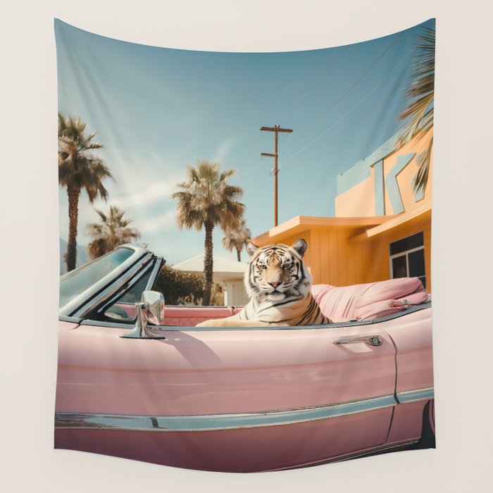 Cool Tiger in a pastel Cabrio in Palm Springs Wall Tapestry Gallery Image 1