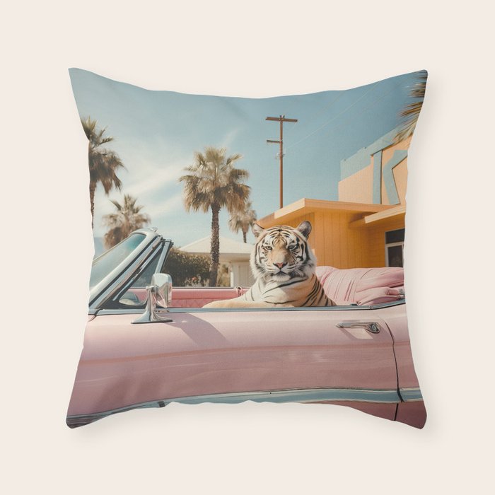 Cool Tiger in a pastel Cabrio in Palm Springs Throw Pillow Gallery Image 1