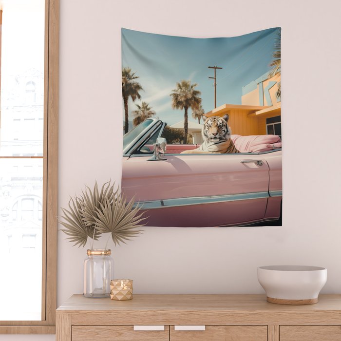 Cool Tiger in a pastel Cabrio in Palm Springs Wall Tapestry Gallery Image 2