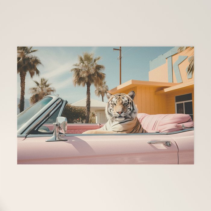 Cool Tiger in a pastel Cabrio in Palm Springs Welcome Mat Gallery Image 1