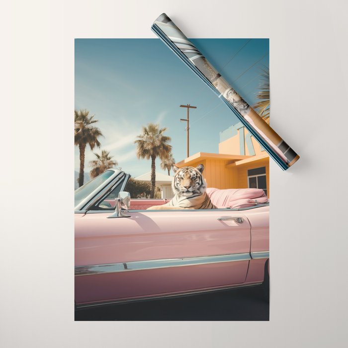 Cool Tiger in a pastel Cabrio in Palm Springs Wrapping Paper Gallery Image 1