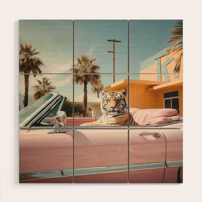 Cool Tiger in a pastel Cabrio in Palm Springs Wood Wall Art Gallery Image 1