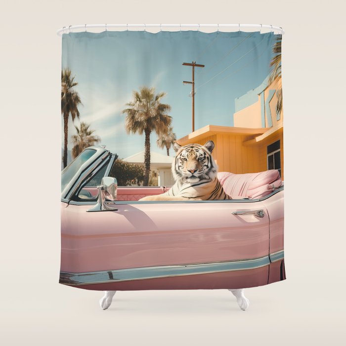 Cool Tiger in a pastel Cabrio in Palm Springs Shower Curtain Gallery Image 1