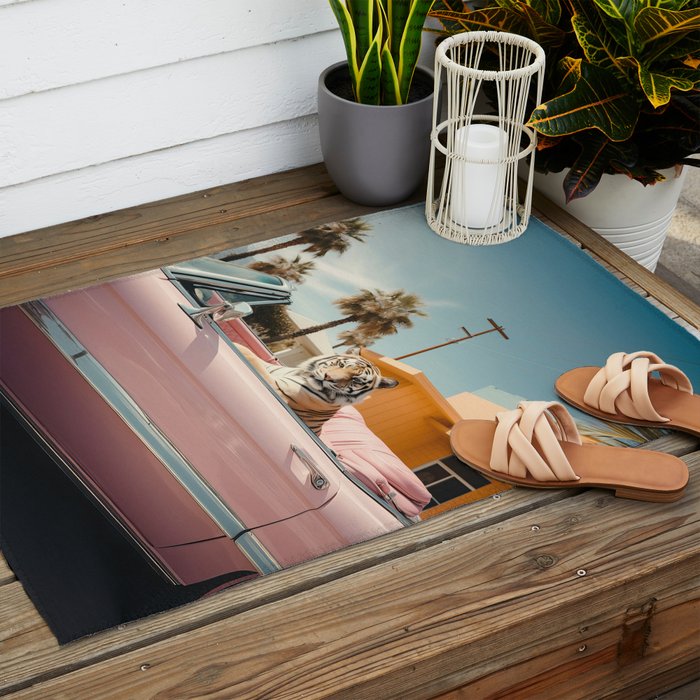 Cool Tiger in a pastel Cabrio in Palm Springs Outdoor Rug Gallery Image 2