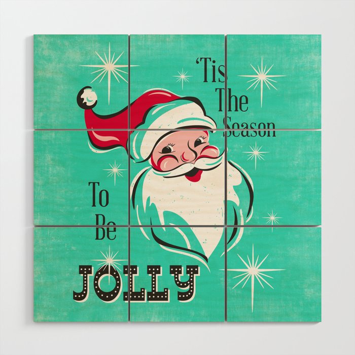 'Tis The Season - Retro Santa Aqua Colorful Wood Wall Art Gallery Image 1