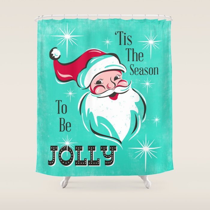 'Tis The Season - Retro Santa Aqua Colorful Shower Curtain Gallery Image 1