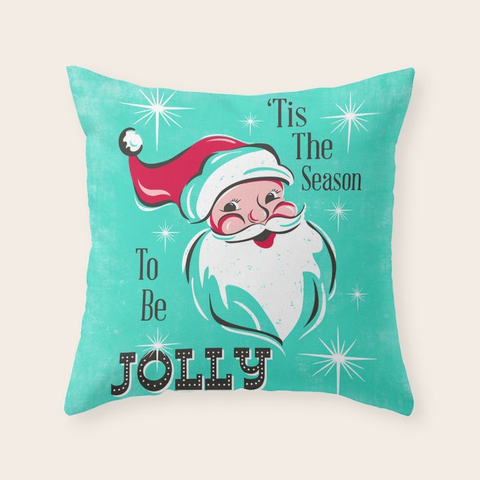 'Tis The Season - Retro Santa Aqua Colorful Throw Pillow Gallery Image 6