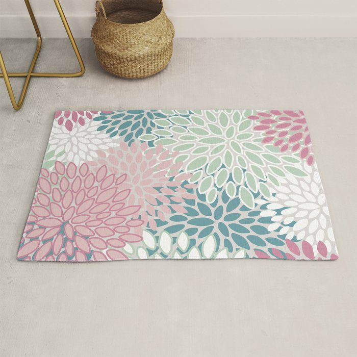 Floral Blooms, Soft Pink, Green and Teal, Design Prints Rug Gallery Image 1
