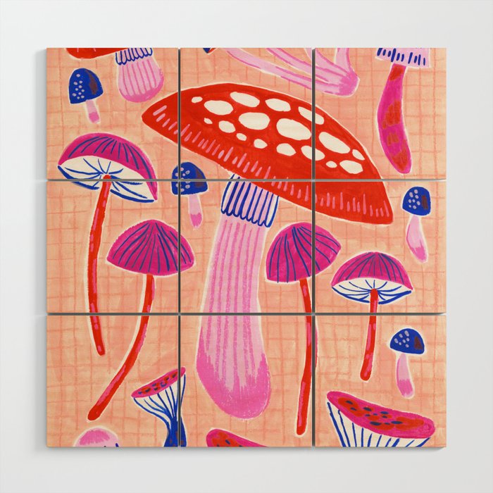 Red and Pink Mushrooms  Wood Wall Art Gallery Image 1