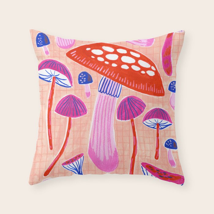 Red and Pink Mushrooms  Throw Pillow Gallery Image 1