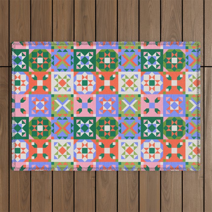 Bright Geometric Quilt Mosaic Pattern Outdoor Rug Gallery Image 1