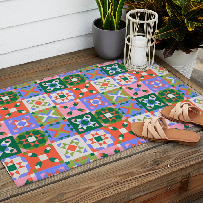 Bright Geometric Quilt Mosaic Pattern Outdoor Rug Gallery Image 2