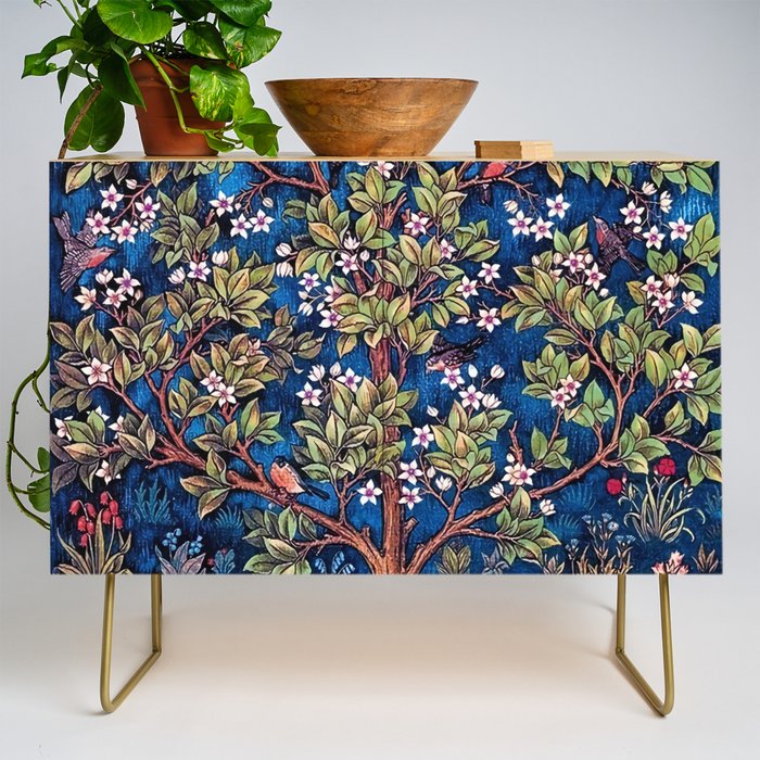 William Morris Tree of Life Blue Twilight floral textile 19th century pattern print for drapes, curtains, pillows, duvets, comforters, and home and wall decor Credenza Gallery Image 1