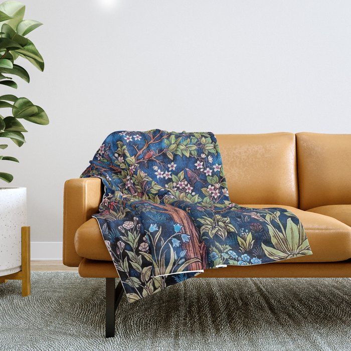 William Morris Tree of Life Blue Twilight floral textile 19th century pattern print for drapes, curtains, pillows, duvets, comforters, and home and wall decor Throw Blanket Gallery Image 1