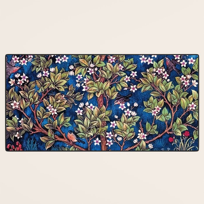 William Morris Tree of Life Blue Twilight floral textile 19th century pattern print for drapes, curtains, pillows, duvets, comforters, and home and wall decor Desk Mat Gallery Image 3