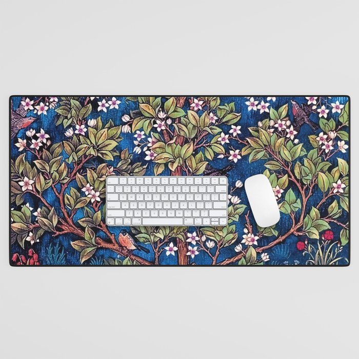 William Morris Tree of Life Blue Twilight floral textile 19th century pattern print for drapes, curtains, pillows, duvets, comforters, and home and wall decor Desk Mat Gallery Image 1