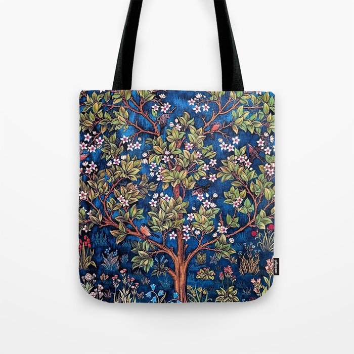 William Morris Tree of Life Blue Twilight floral textile 19th century pattern print for drapes, curtains, pillows, duvets, comforters, and home and wall decor Tote Bag Gallery Image 1