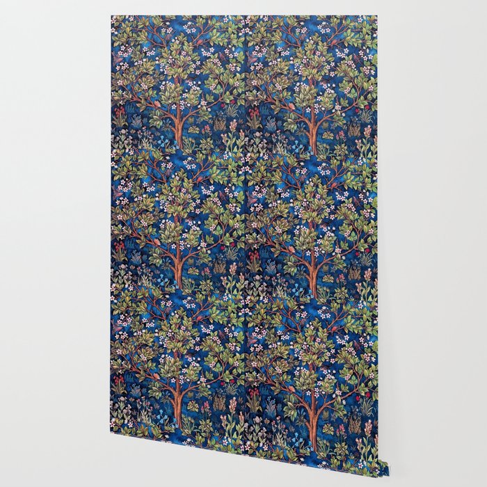 William Morris Tree of Life Blue Twilight floral textile 19th century pattern print for drapes, curtains, pillows, duvets, comforters, and home and wall decor Wallpaper Gallery Image 2