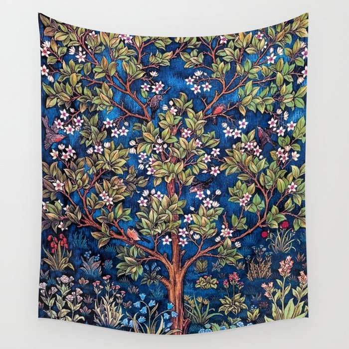 William Morris Tree of Life Blue Twilight floral textile 19th century pattern print for drapes, curtains, pillows, duvets, comforters, and home and wall decor Wall Tapestry Gallery Image 1