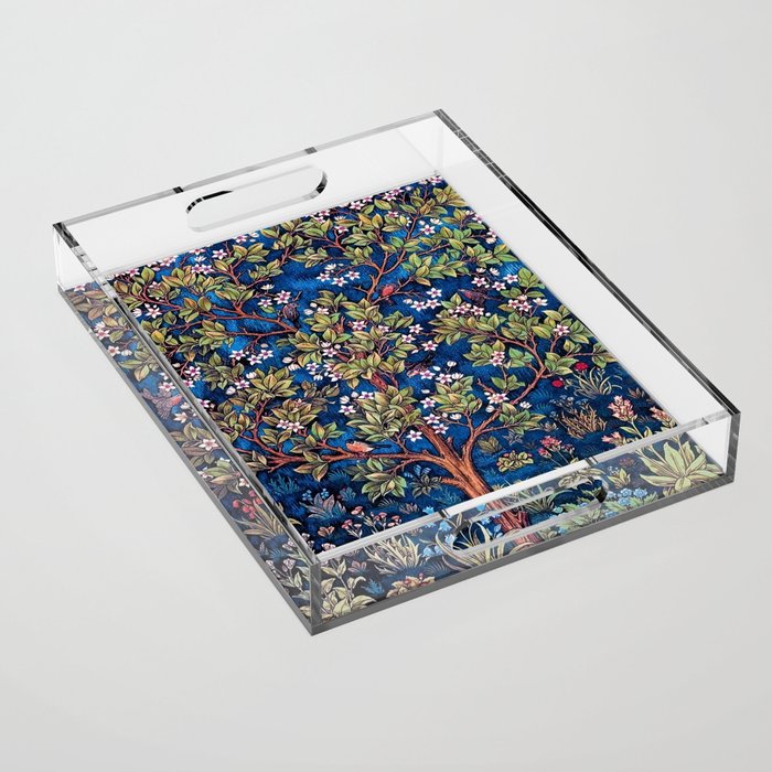 William Morris Tree of Life Blue Twilight floral textile 19th century pattern print for drapes, curtains, pillows, duvets, comforters, and home and wall decor Acrylic Tray Gallery Image 1