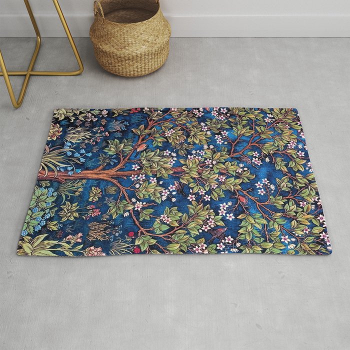 William Morris Tree of Life Blue Twilight floral textile 19th century pattern print for drapes, curtains, pillows, duvets, comforters, and home and wall decor Rug Gallery Image 1