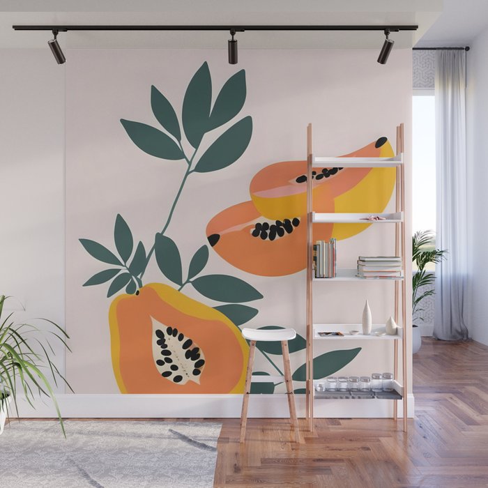 PAPA-YAY! Tropical Fruit Papaya, Vintage Botanical Illustration, Juicy Summer Seashore Food Exotic, Fresh Sweet Bohemian Painting Wall Mural Gallery Image 1