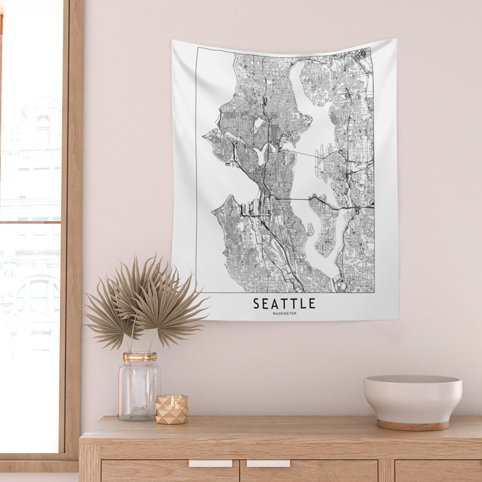 Seattle White Map Wall Tapestry Gallery Image 2