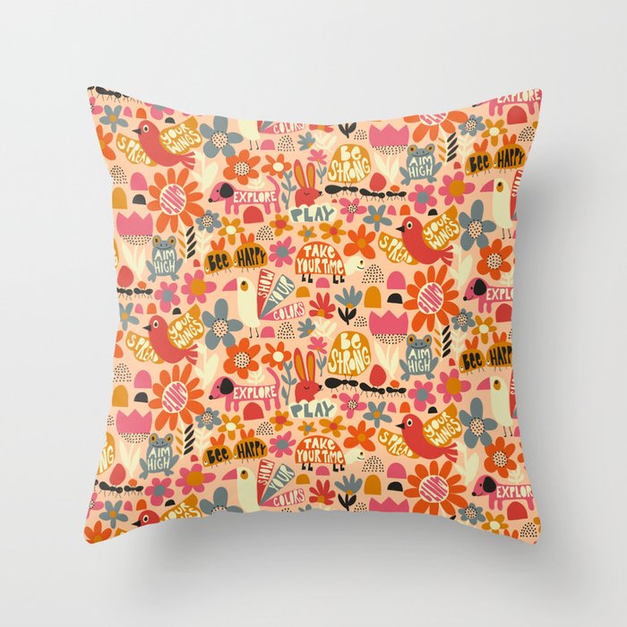 Playful Meadow Cute Animals with Motivational Affirmations - Bright and Warm Throw Pillow Gallery Image 1