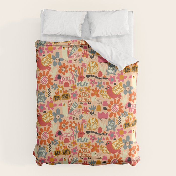Playful Meadow Cute Animals with Motivational Affirmations - Bright and Warm Duvet Cover Gallery Image 1