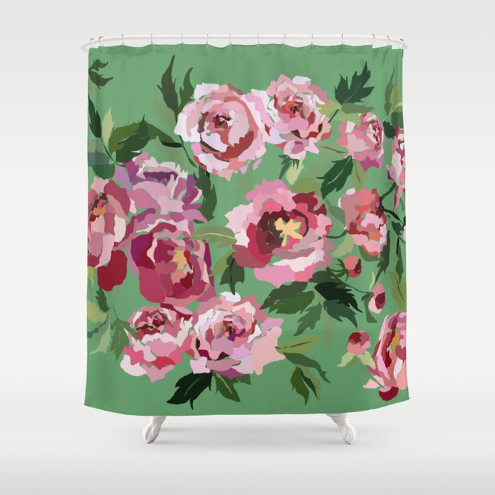 Happy peony vintage mint background Shower Curtain Gallery Image 1