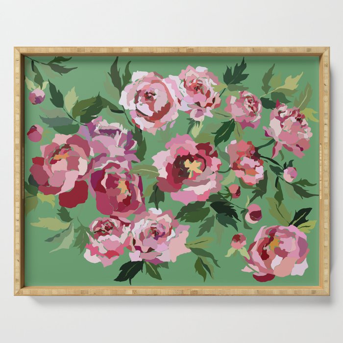 Happy peony vintage mint background Serving Tray Gallery Image 1