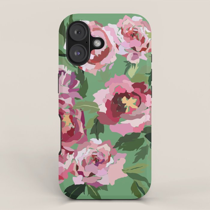 Happy peony vintage mint background iPhone Case Gallery Image 1