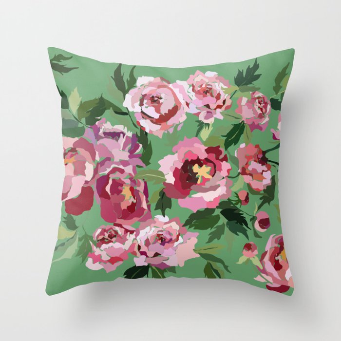 Happy peony vintage mint background Throw Pillow Gallery Image 6