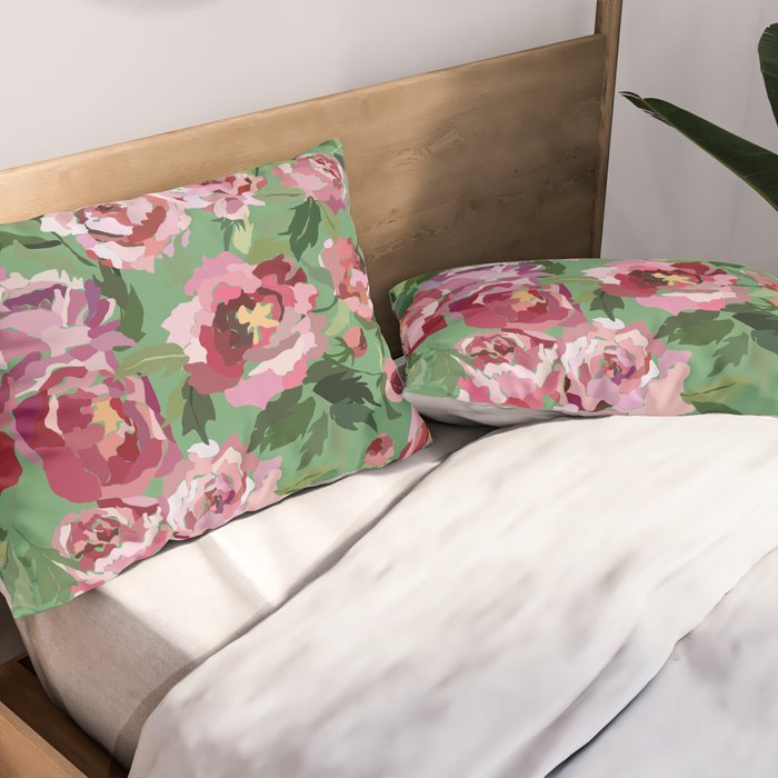 Happy peony vintage mint background Pillow Sham Gallery Image 2