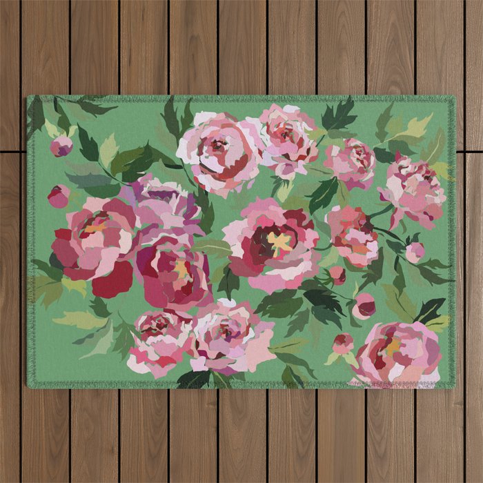 Happy peony vintage mint background Outdoor Rug Gallery Image 1