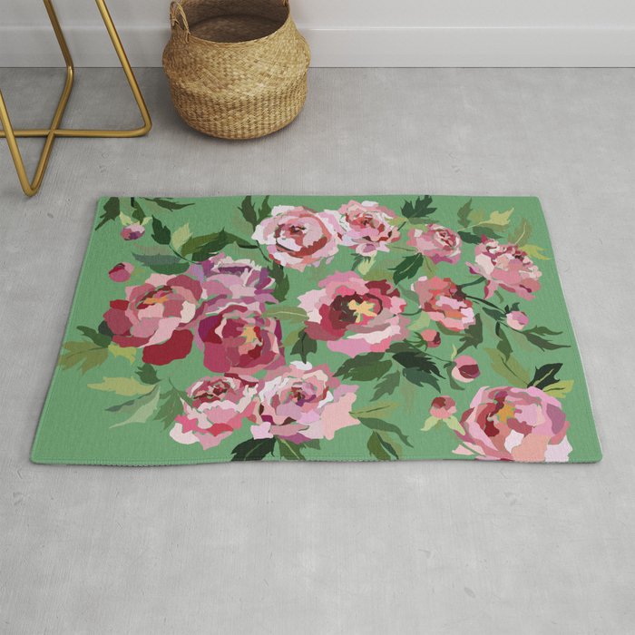 Happy peony vintage mint background Rug Gallery Image 1