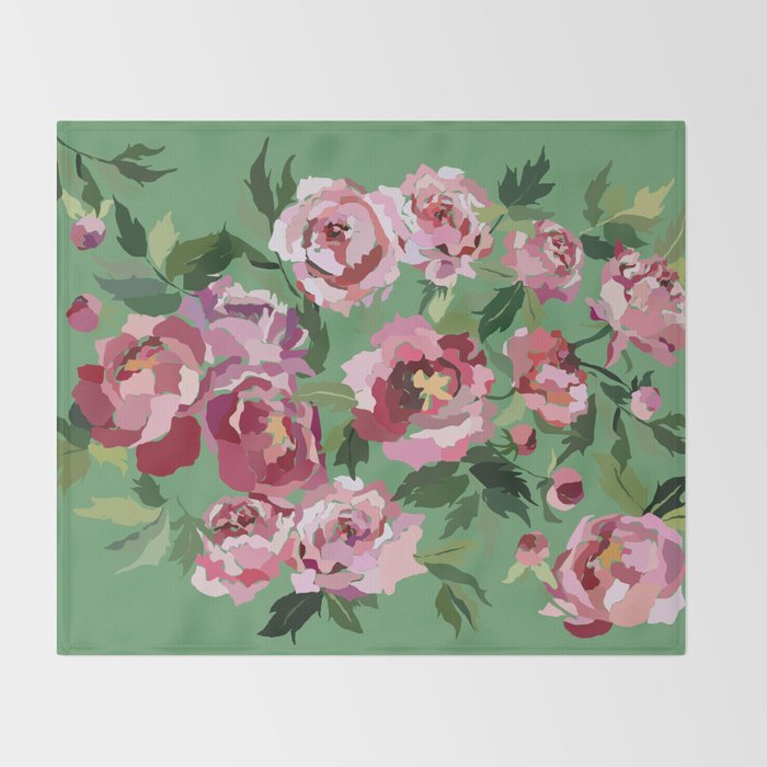 Happy peony vintage mint background Throw Blanket Gallery Image 2