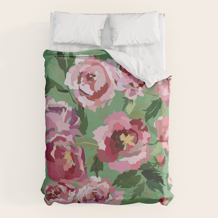Happy peony vintage mint background Duvet Cover Gallery Image 1