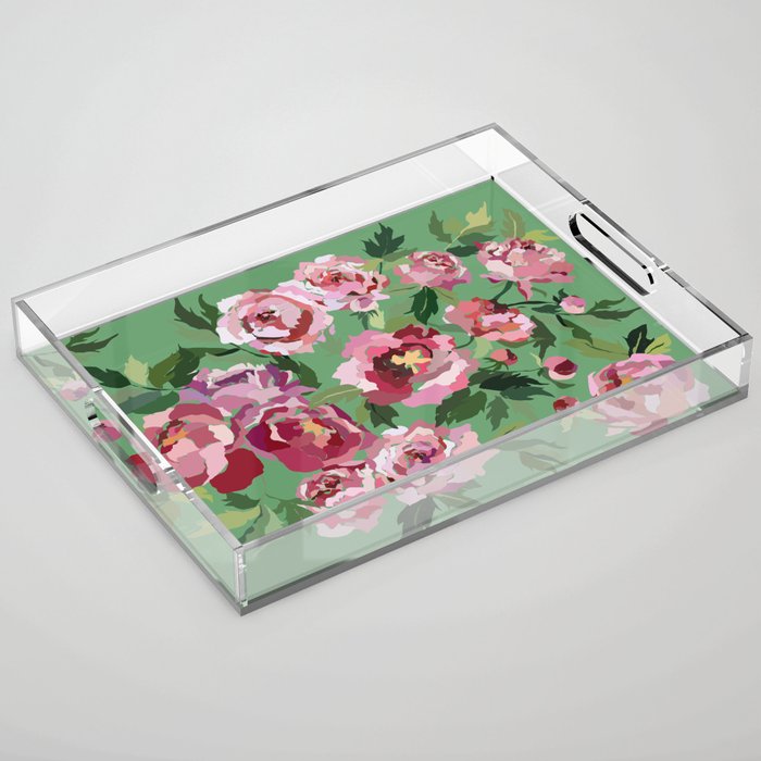 Happy peony vintage mint background Acrylic Tray Gallery Image 1