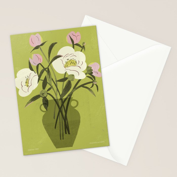 portrait of a girl with a peach in a green dress Stationery Card Gallery Image 2