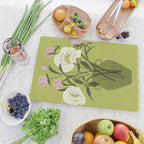 portrait of a girl with a peach in a green dress Cutting Board Gallery Image 2