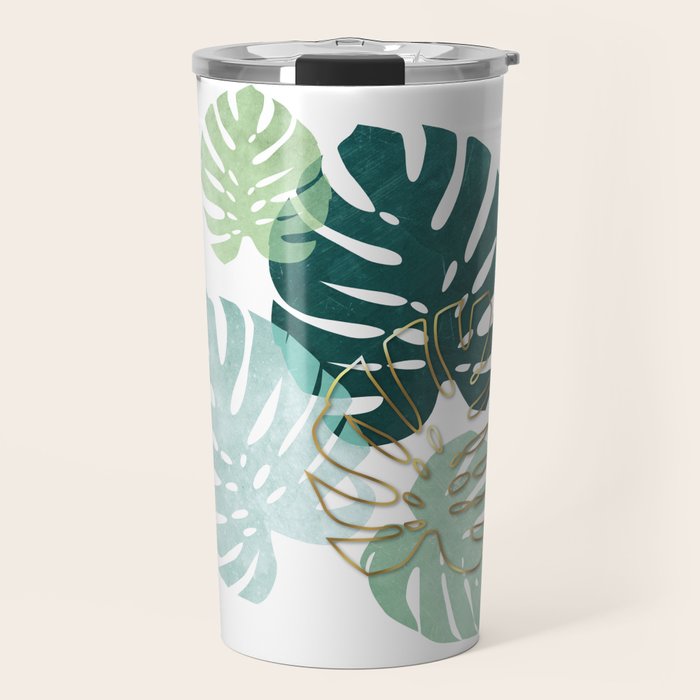 Tropical minimal / green, turquoise and gold monstera Travel Mug Gallery Image 1